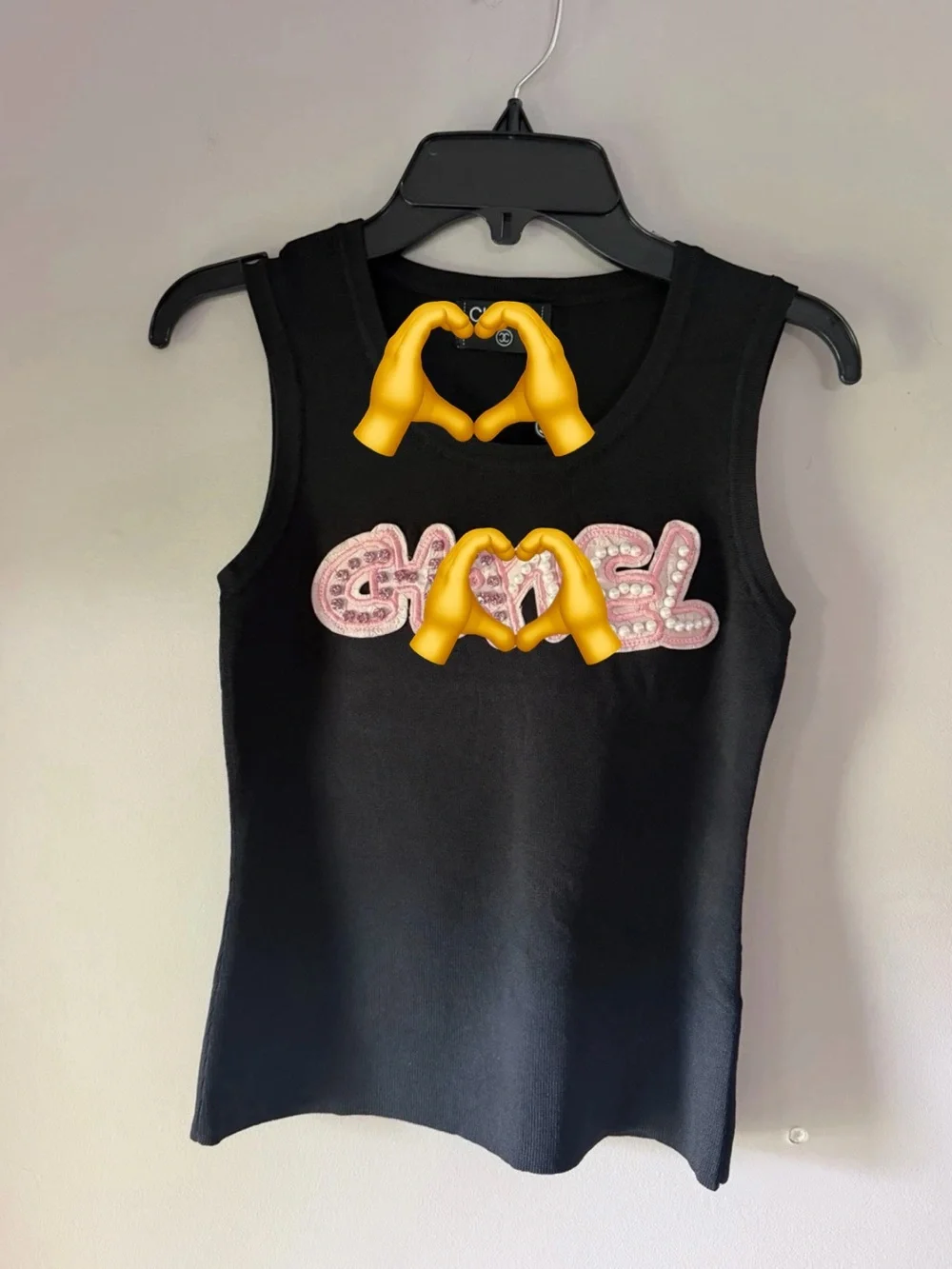 Women Black Top w/ Pink Embellished Script Rhinestones & Pearls Appliqué Logo S
